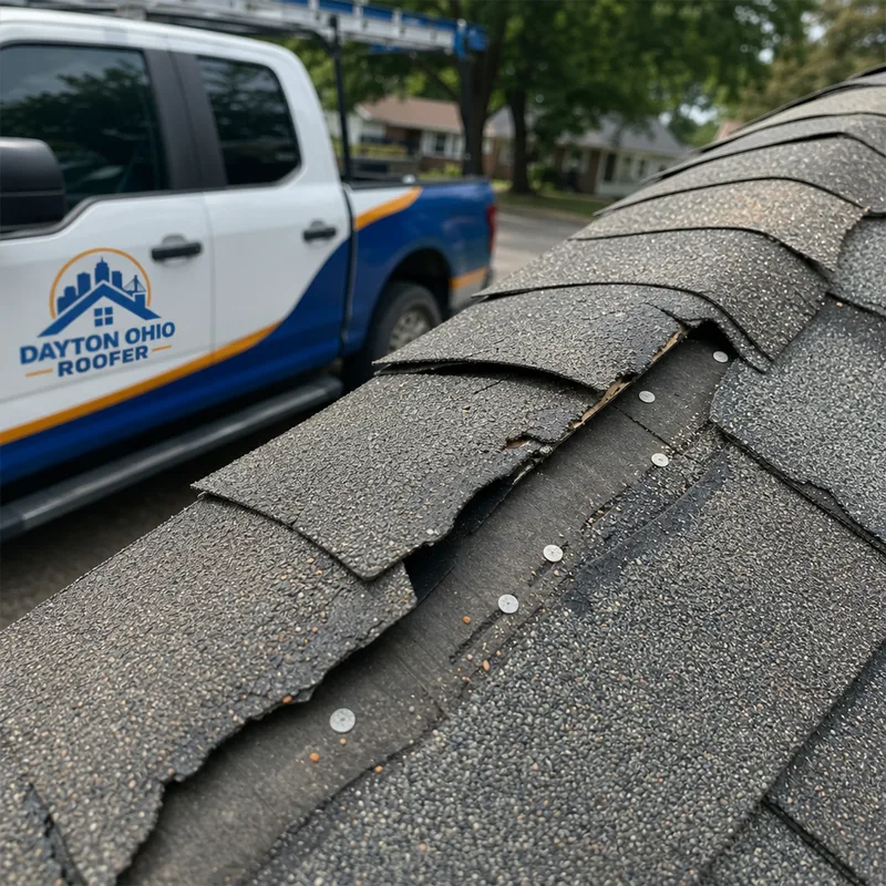 Wind-damaged shingles with lifted edges near a roof ridge