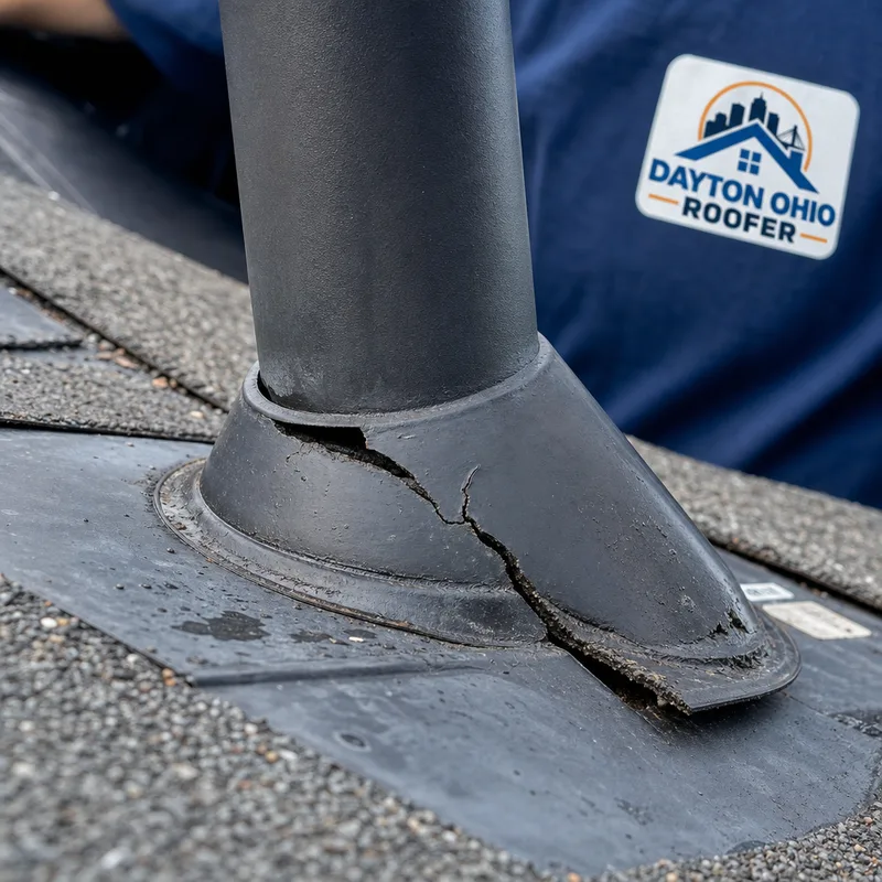 Cracked pipe boot flashing around a roof vent stack