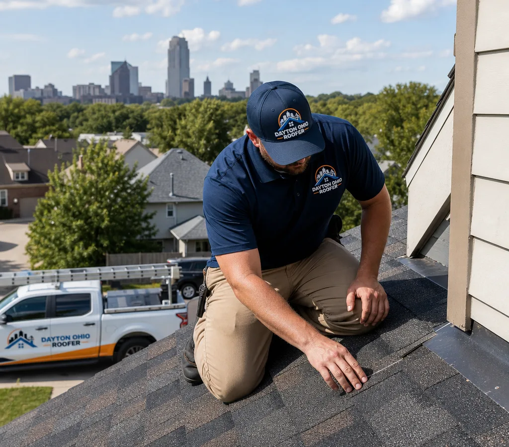 Roofing contractor inspecting shingles and flashing on a Dayton-area home