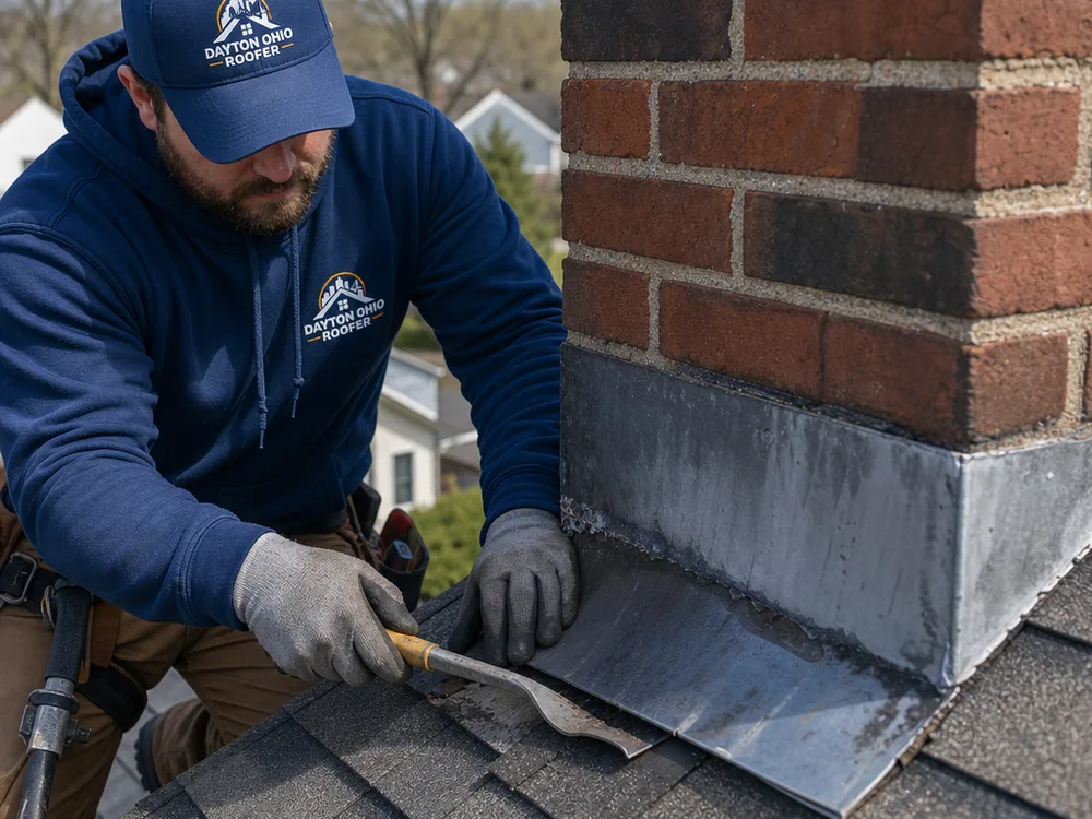 Close-up of chimney flashing and shingle courses where roof leaks can begin