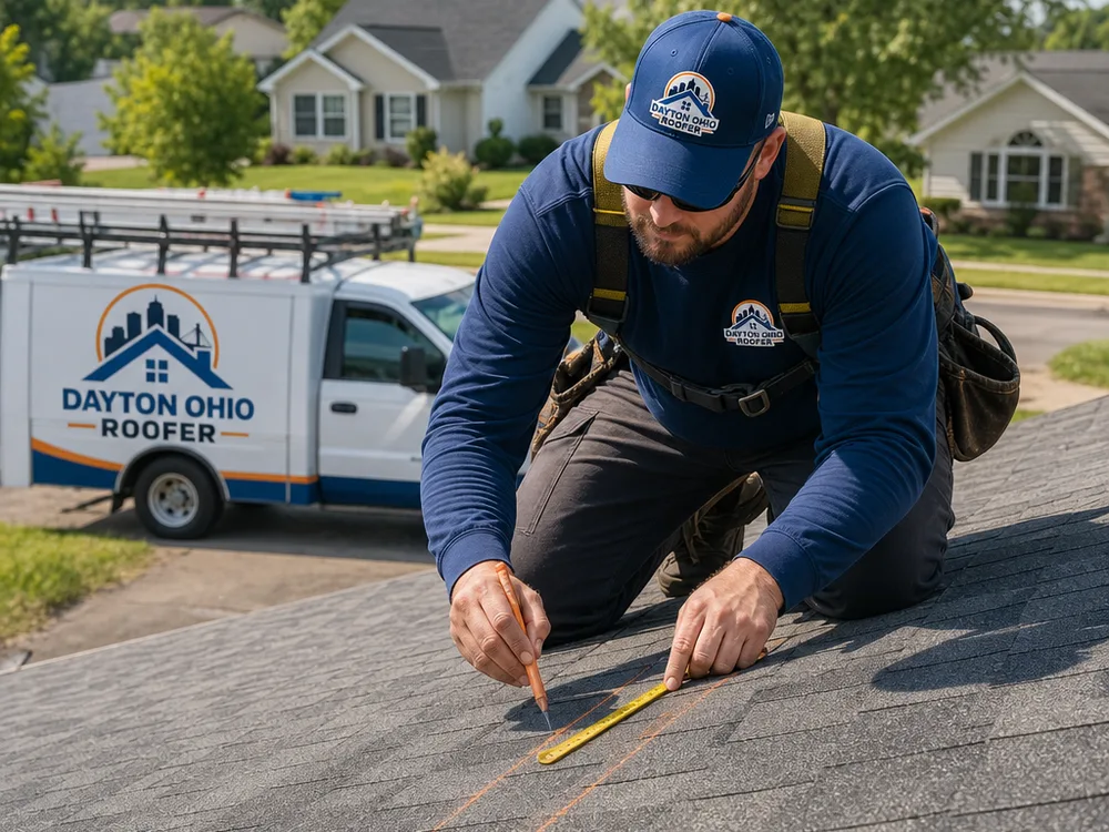 Contractor measuring and marking roof sections before shingle replacement
