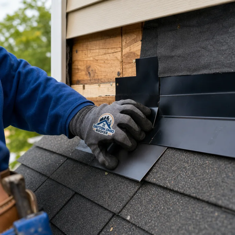 Step flashing layers at a roof-to-wall intersection