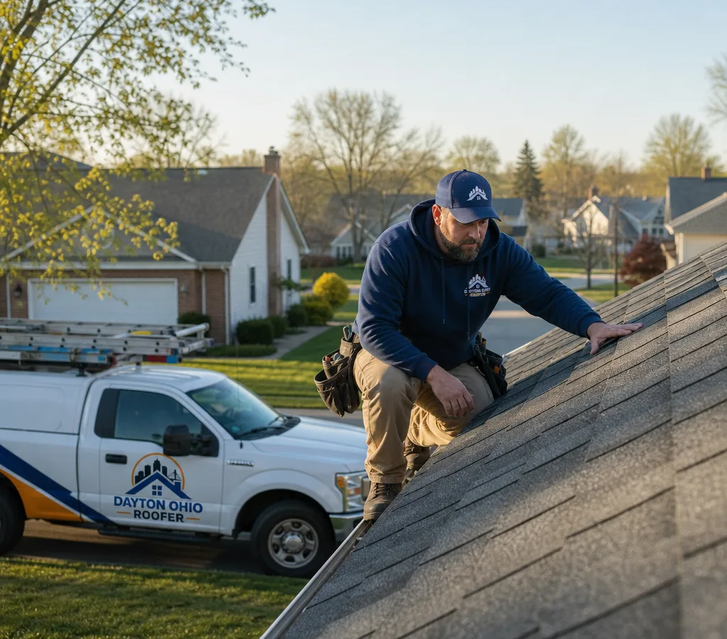 Roofing contractor inspecting an asphalt shingle roof on a Dayton-area home