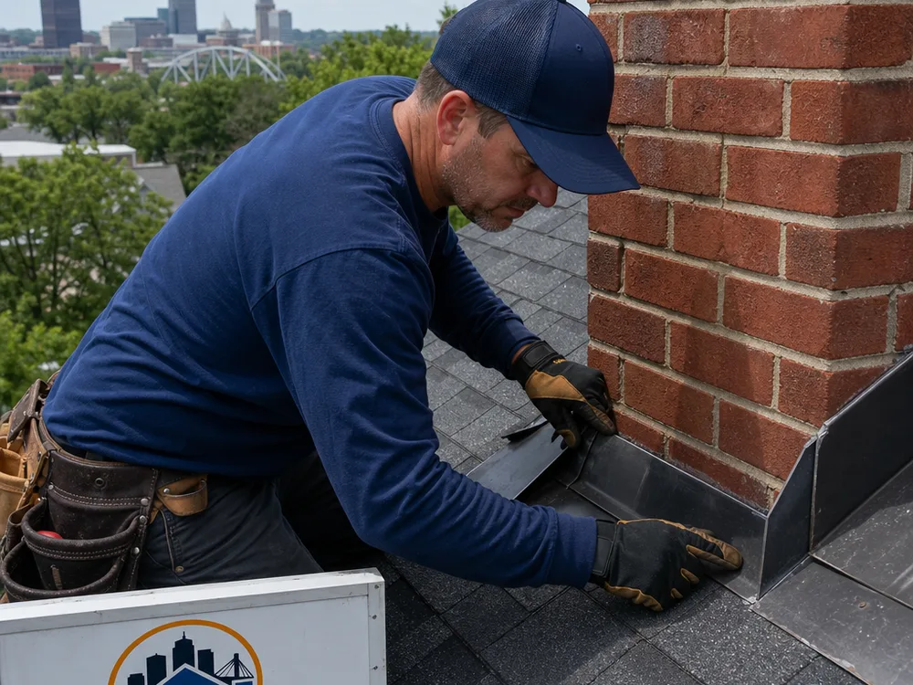 Contractor checking flashing around a chimney and roof-to-wall intersection