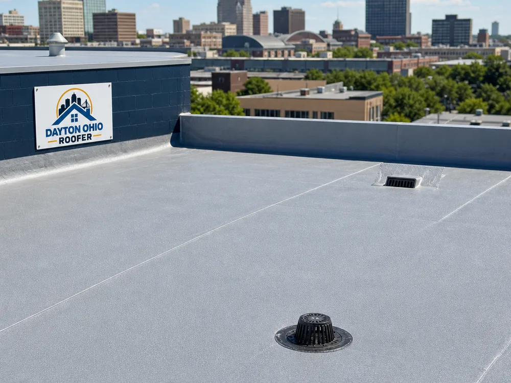 Low-slope membrane roof with visible seams and roof drainage details