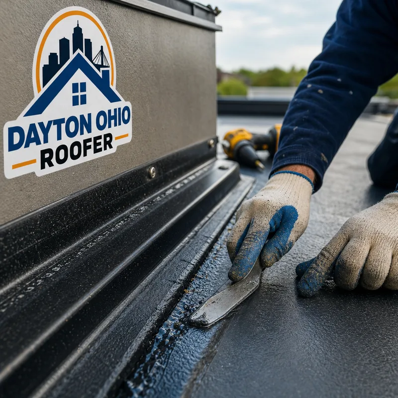 Low-slope roof membrane seam with termination bar and edge flashing