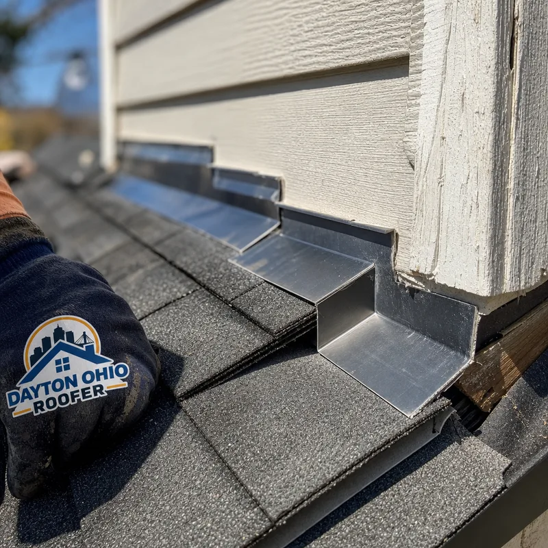 Layered step flashing where a shingle roof meets a sidewall
