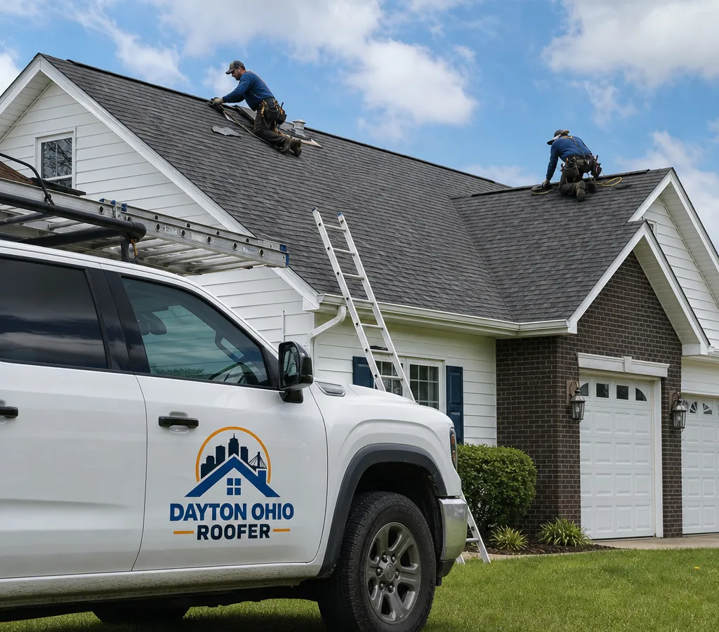 Residential roof with visible shingles, roofline, and gutters in clear daylight
