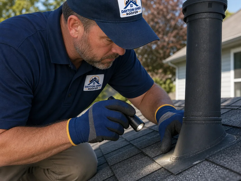 Roofing contractor inspecting asphalt shingles and flashing near a roof vent