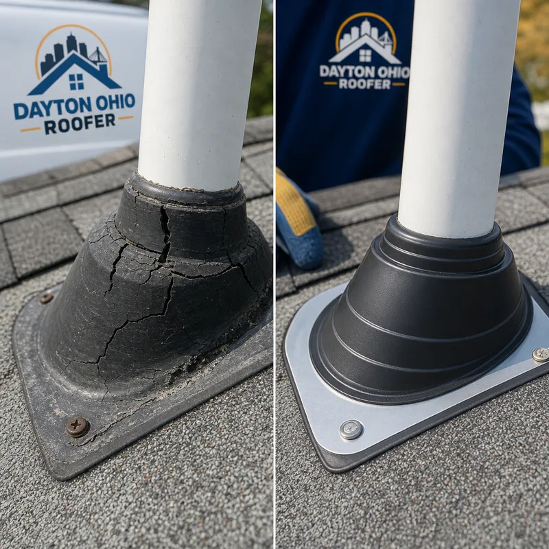 Cracked plumbing vent boot beside an intact replacement boot on an asphalt shingle roof