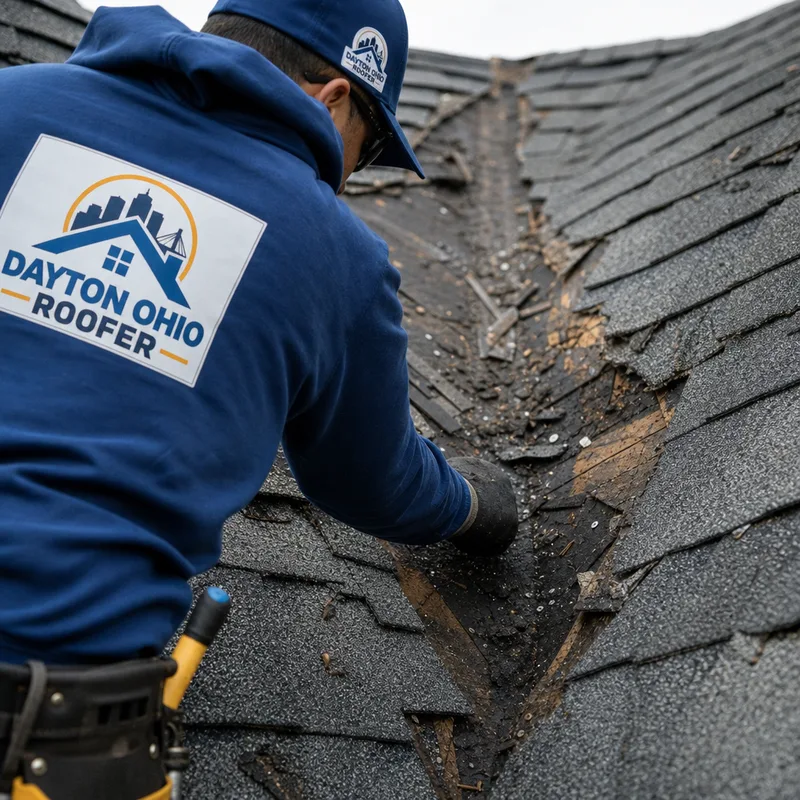 Worn shingles and exposed underlayment near a roof valley line