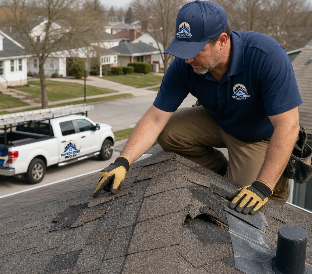 Contractor inspecting storm-related damage near the ridge and flashing of an asphalt shingle roof