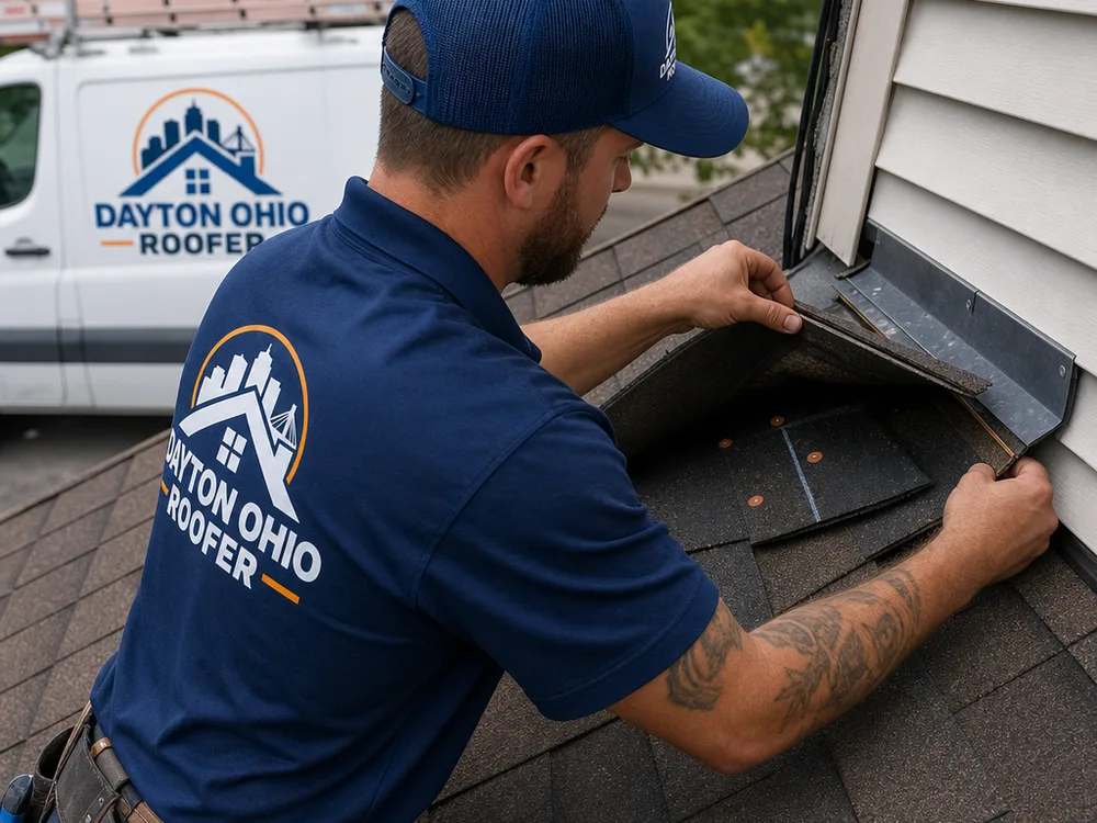 Roofer lifting a shingle course to inspect underlayment, nail placement, and sidewall flashing