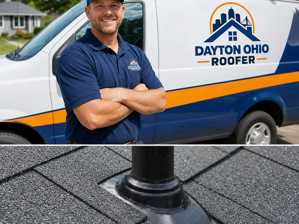 Finished roof repair with matched shingles and neat sealing around flashing