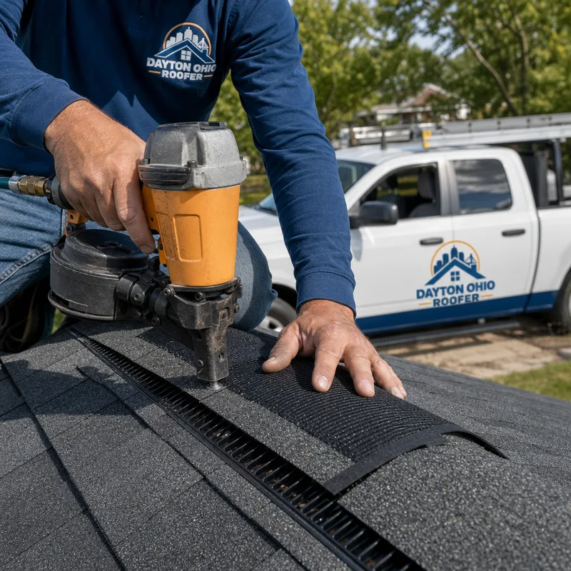 Ridge vent installation in progress on an asphalt shingle roof
