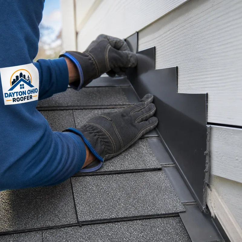 Properly installed step flashing along a sidewall with new shingles and clean sealed transitions