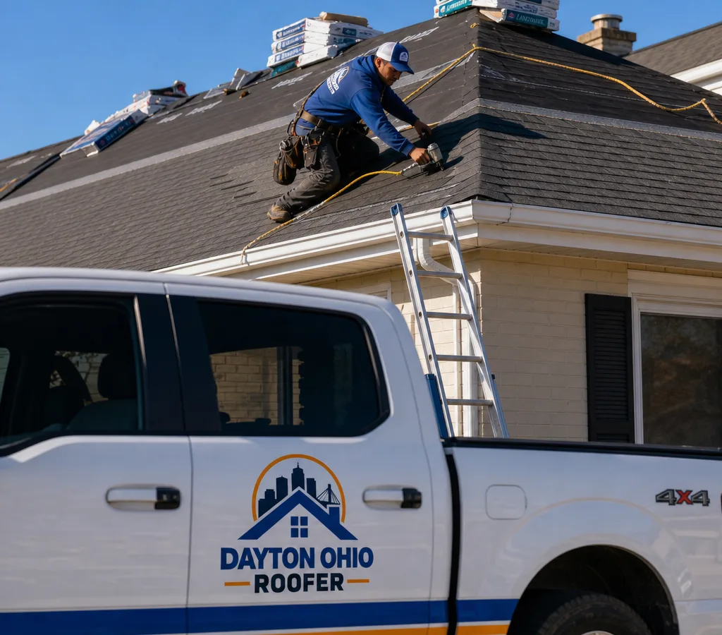 Contractor installing asphalt shingles on a pitched residential roof with bundles staged near the ridge and fall protection visible