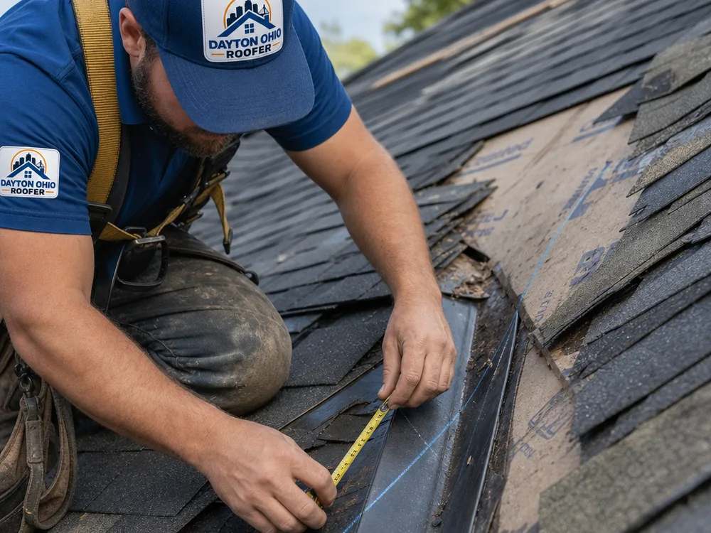 Roofer inspecting flashing and underlayment at a roof valley with shingles removed to expose the roof layers