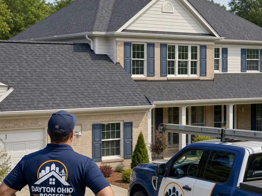 Finished architectural shingle roof with clean ridge caps, straight lines, and new drip edge