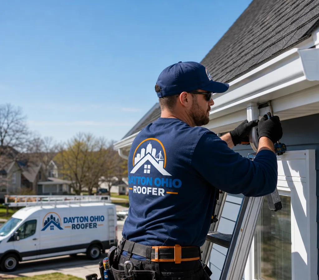 Contractor installing seamless gutters along a residential roofline with straight, properly pitched runs