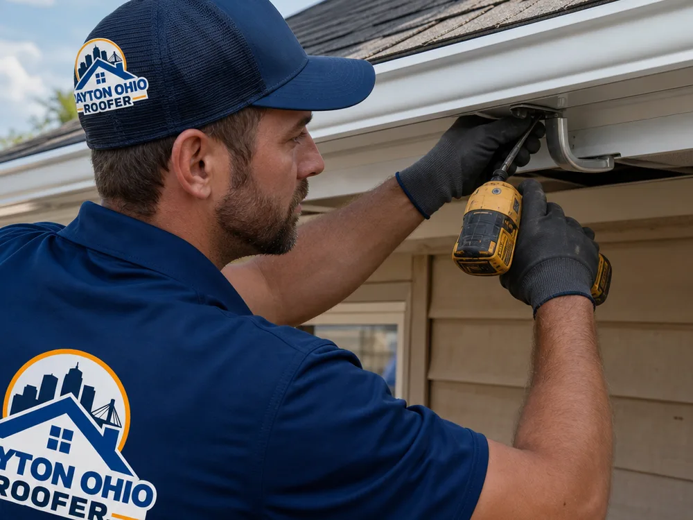 Hidden hangers being attached to a seamless aluminum gutter at the fascia