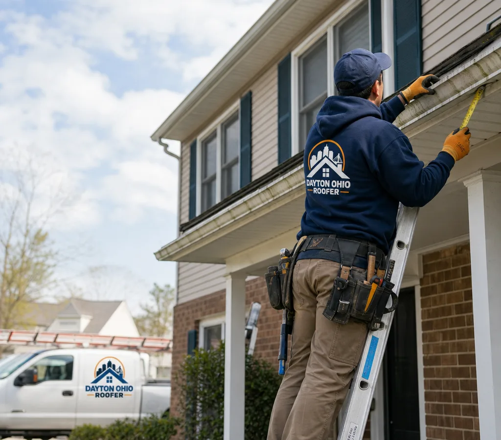 Contractor on a ladder measuring an eave line on a two-story home with old gutters along the roof edge