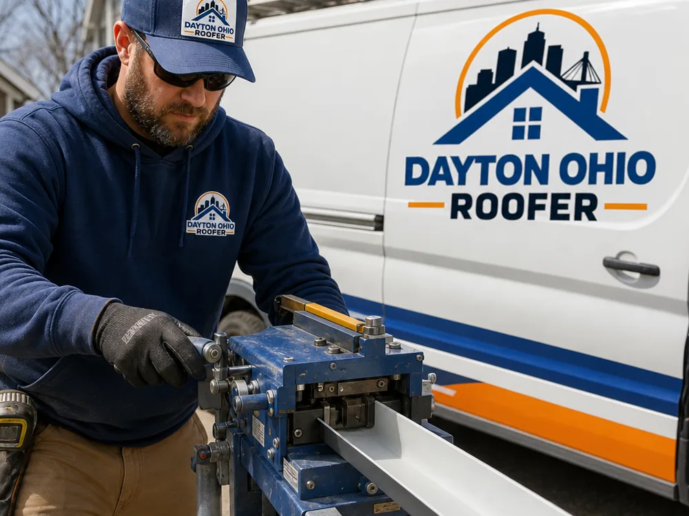 Contractor forming a seamless gutter run on a portable gutter machine at a jobsite