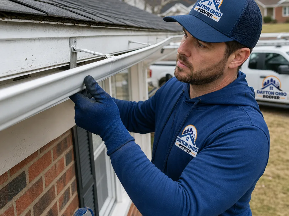 Contractor inspecting a sagging gutter run and checking hangers along a fascia board
